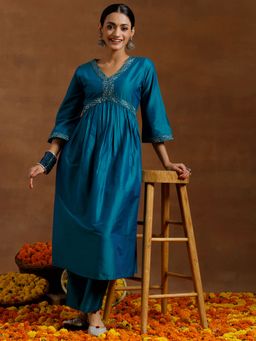 Libas - Women Teal Embroidered Kurta with Pant (Set of 2)