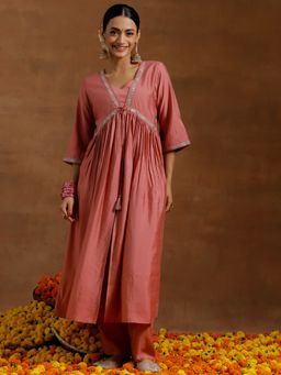 Libas - Women Peach Embroidered Kurta with Pant (Set of 2)