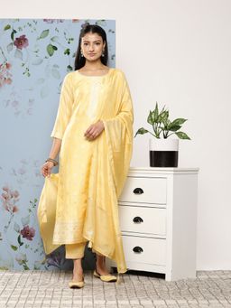 Libas - Women Yellow Woven Kurta with Pant and Dupatta (Set of 3)