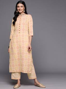 Libas - Women Beige Printed Kurta with Pant (Set of 2)