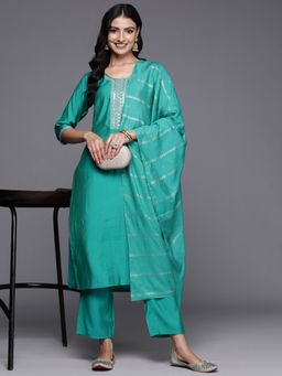 Gerua By Libas - Women Green Embroidered Kurta with Pant and Dupatta (Set of 3)