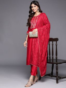 Gerua By Libas - Women Red Embroidered Kurta with Pant and Dupatta (Set of 3)