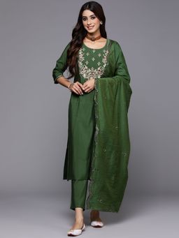 Gerua By Libas - Women Green Embroidered Kurta with Pant and Dupatta (Set of 3)