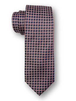 The Tie Hub - Navy Blue with Red Checkered Pure Silk Necktie