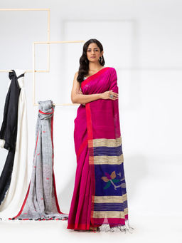 Angoshobha - Rani Pink Cotton Blended Festive Jamdani Saree with Unstitched Blouse