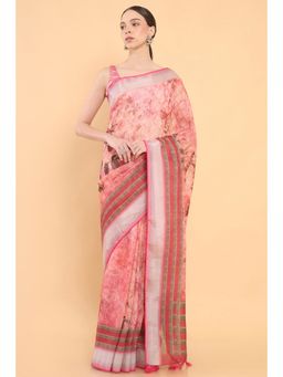 Soch - Women Pink Linen Printed Saree with Stitched Blouse