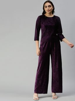 SHOWOFF - Women Above Knee Round Neck Purple Solid Co-Ord (Set of 2)