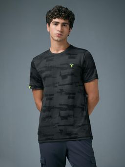 Technosport - Men Black Jacquard Slim Fit Round Neck Sports T-Shirt
