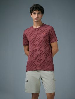 Technosport - Men Brown Jacquard Slim Fit Round Neck Sports T-Shirt