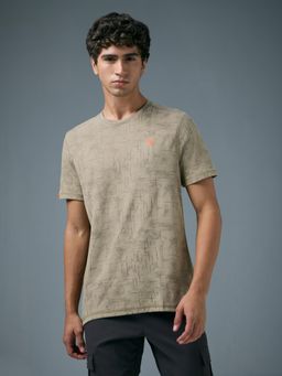 Technosport - Men Khaki Jacquard Slim Fit Round Neck Sports T-Shirt