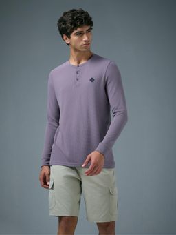 Technosport - Men Purple Self Design Slim Fit Henley Neck Sports T-Shirt