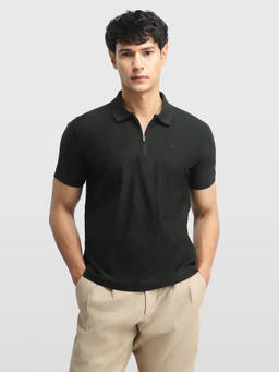 Arrow - Men Black Floral Patterned Knit Regular Fit Polo T-Shirt