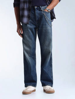 Flying Machine - Blue Cobain Loose Fit Whiskered Jeans