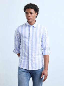 Flying Machine - Blue Oxford Vertical Striped Shirt