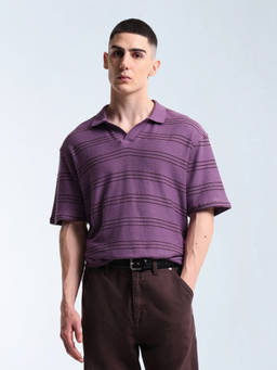 Flying Machine - Purple Horizontal Striped Relaxed Fit Polo T-Shirt