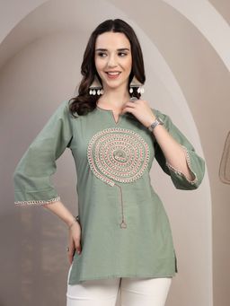 COTLAND FASHION - Embroidered Straight Short Green Kurti