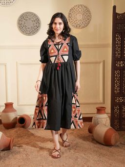 Indisangam - Black Cotton A-Line Ethnic Dress