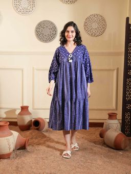 Indisangam - Blue Cotton A-Line Ethnic Dress