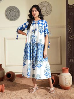 Indisangam - Handblock-Inspired Blue Floral Cotton A-Line Dress