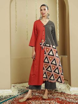 Indisangam - Geometric Panel Cotton Kurta Rust Dress