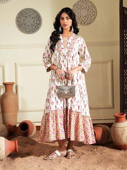 Indisangam - Floral Print Cotton A-Line White Dress