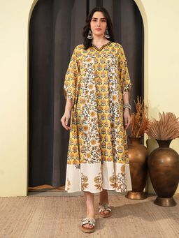 Indisangam - Yellow Printed Cotton A-Line Dress