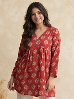 Jaipur Kurti - Women Printed V-Neck Fancy Red Kurti