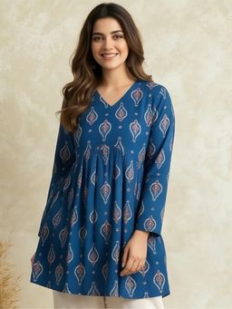 Jaipur Kurti - Women Printed V-Neck Blue Fancy Kurti