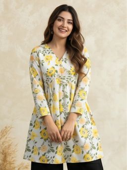 Jaipur Kurti - Women Printed V-Neck White Fancy Kurti