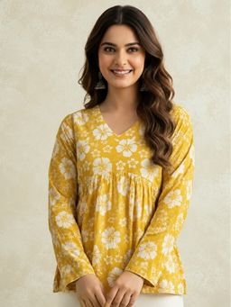 Jaipur Kurti - Women Printed V-Neck Yellow Fancy Kurti