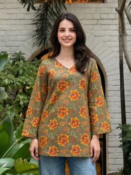 KAFTANIZE - Olive Floral Printed Short Kurti