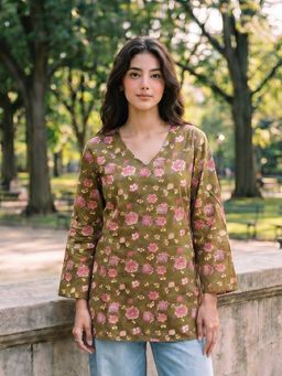 KAFTANIZE - Floral Olive Printed Short Kurti