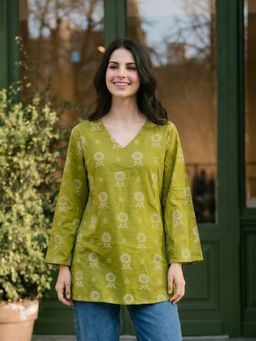 KAFTANIZE - Floral Printed Olive Kurti