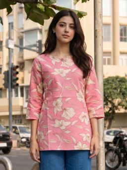 KAFTANIZE - Pink Floral Printed Short Kurti