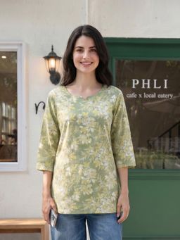 KAFTANIZE - Floral Green Printed Short Kurti