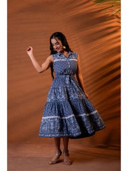 Juniper - Indigo Vintage Bloom Long Dress with Belt