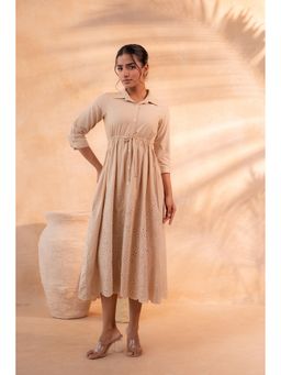 Juniper - Schiffli Camel Bloom Long Brown Dress