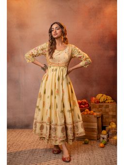 Juniper - Buttercream Yellow Floral Printed Anarkali Dress
