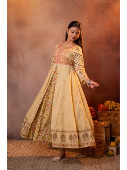 Juniper - Buttercream Yellow Floral Printed Anarkali Slit Dress