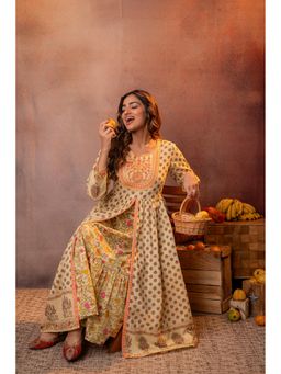 Juniper - Buttercream Floral Printed Yellow Anarkali Dress with Inner