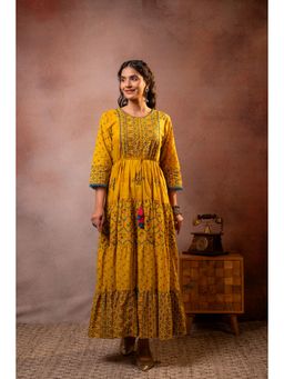 Juniper - Rangriti Noor Mustard Handcrafted Boho Dress with Dori