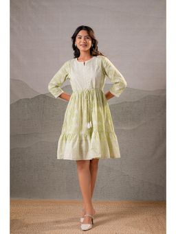 Juniper - Pistachio Green Aura Handblock Flare Dress with Dori