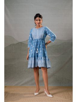 Juniper - Powder Blue Aura Handblock Flare Dress with Dori