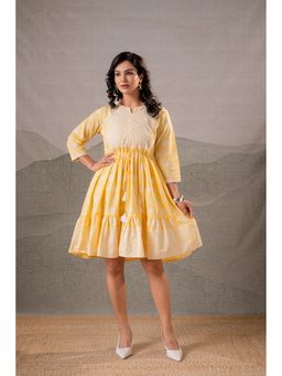 Juniper - Yellow Golden Aura Handblock Flare Dress with Dori