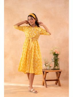 Juniper - Haldi Haze Printed Gathered Mustard Dress with Belt