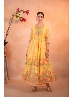 Juniper - Gulnaar Gendaphool Garden Panelled Mustard Dress with Dori