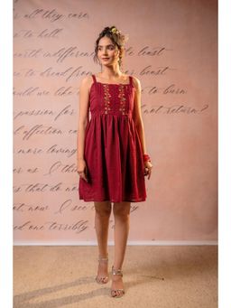 Juniper - Classic Maroon Sleeveless Embroidered Flared Dress
