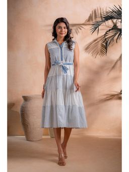 Juniper - Neel Aangan Tiered Knee Length Navy Blue Dress with Belt