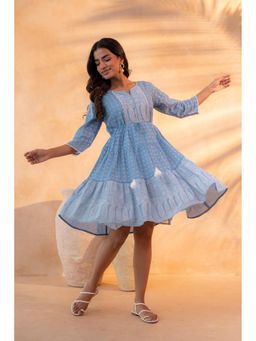 Juniper - Sky Blue Printed Tiered Dress with Dori