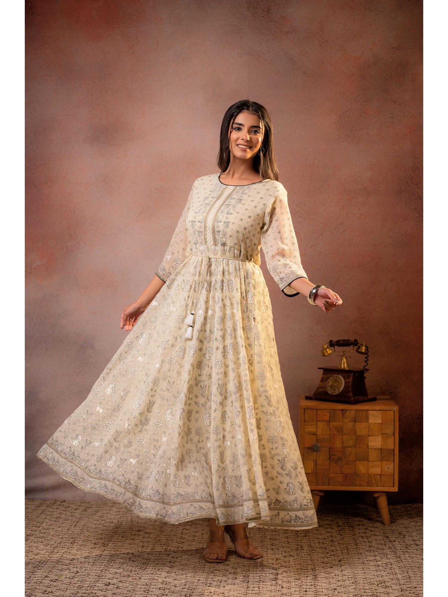 juniper Beige Sheen Anarkali Dress with Dori-picture-13